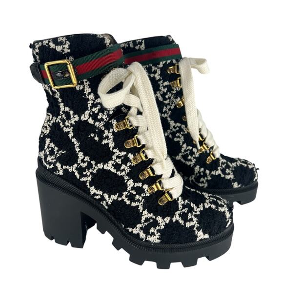 Gucci Tweed GG Monogram Lace Up Combat Ankle Boots - Picture 8 of 15